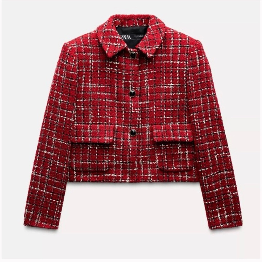 Zara Women's Red and White Tweed Blazer